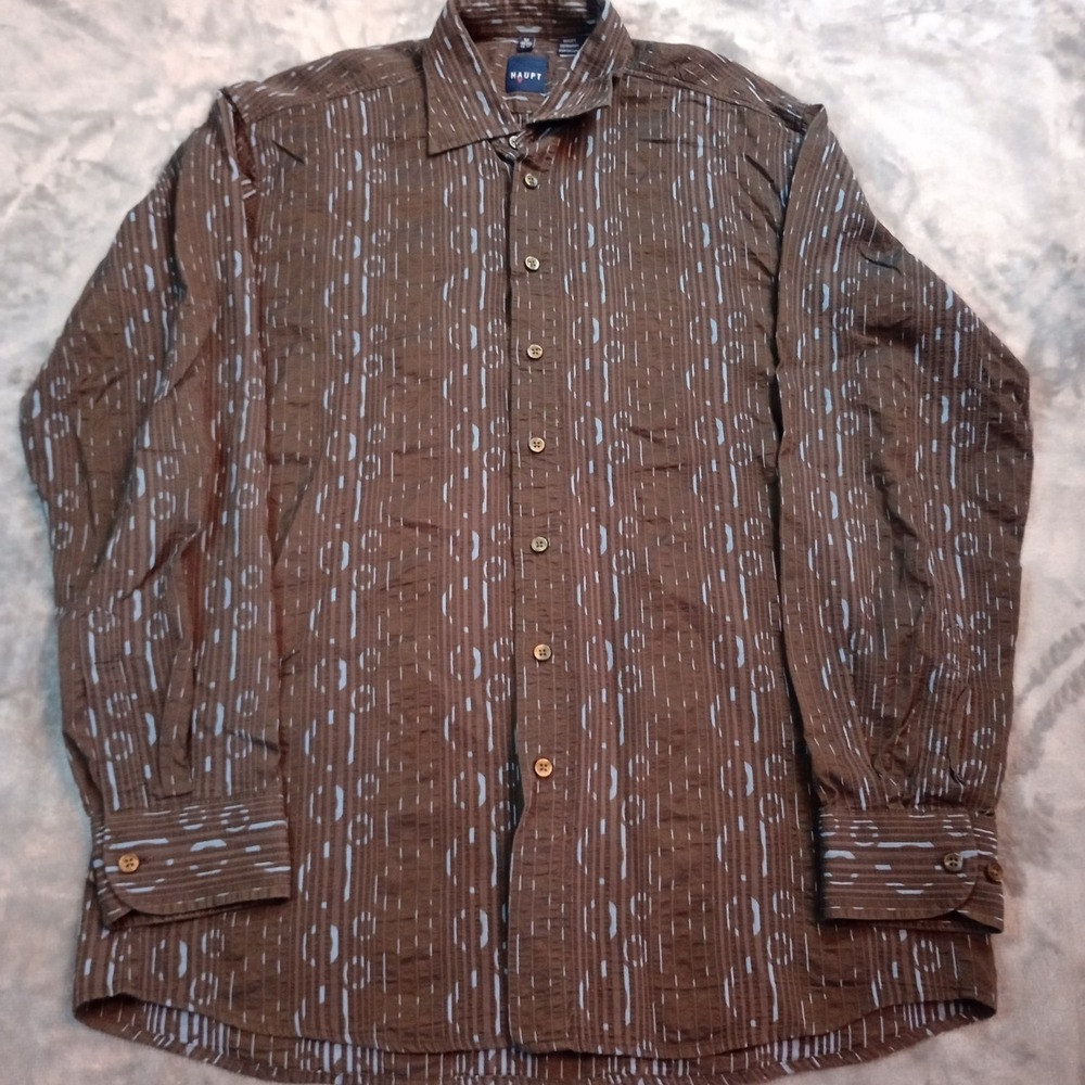 Haupt Germany Shirt Button Up Mens Sz Medium Brown Blue All Over Print Geometric
